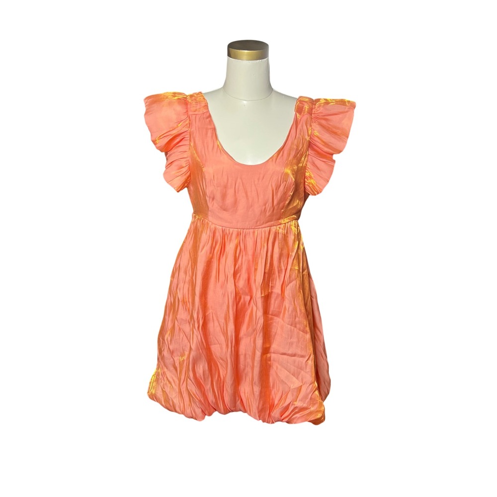 &merci Iridescent Coral Orange Bubble Hem Mini Dress Ruffle Sleeve Medium